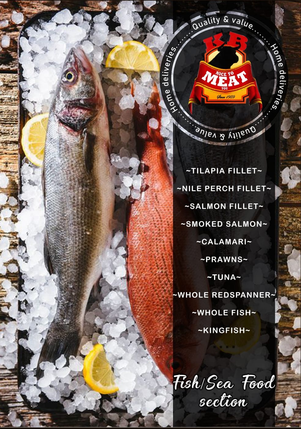 Fish and Sea Food Section at Kamundia Butchery Nairobi - Tilapia, kingfish, tuna, prawns and Norwegian salmon