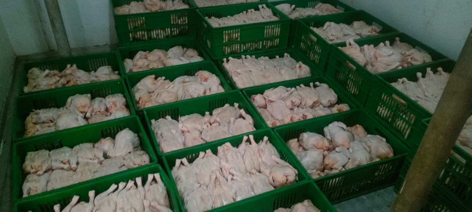 Crates of fresh whole chickens in the Kamundia Butchery chiller, Nairobi
